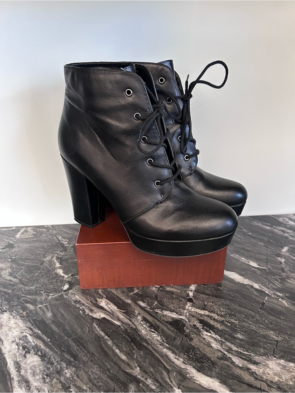 Black Lace-Up Platform Ankle Boots - Women's High Block Heel